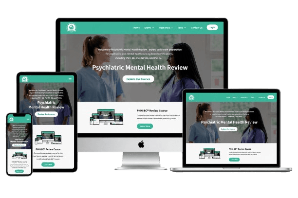 Accessible on Any Device Psychiatric Mental Health Review exam prep courses accessible on laptop, tablet, and smartphone